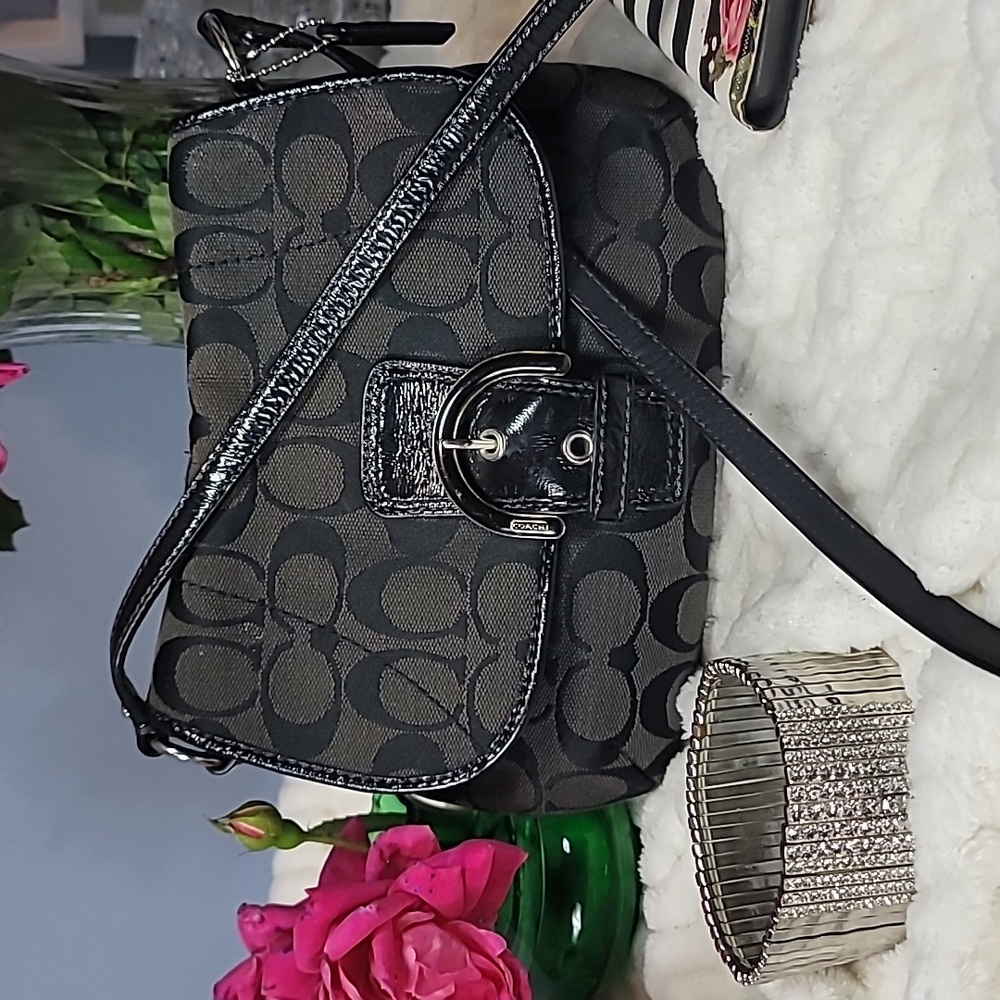 Black Coach Bag Logo Canvas Shoulder Bag, Crossbody Coach Bag Black Canvas Monog